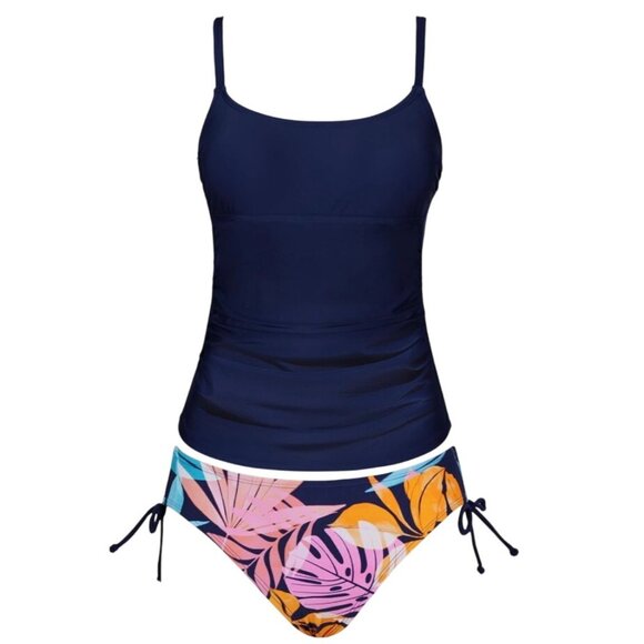 Cupshe Women’s Tankini Swimsuit S Blue Tropical 2 Piece Scoop Neck UPF 30 Tie - Picture 4 of 9